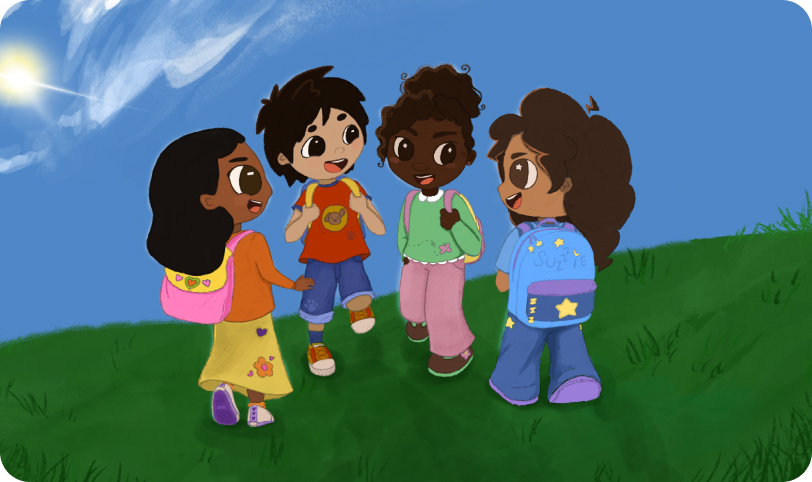 sketch of four girls standing on grass under blue sky in a sunny day